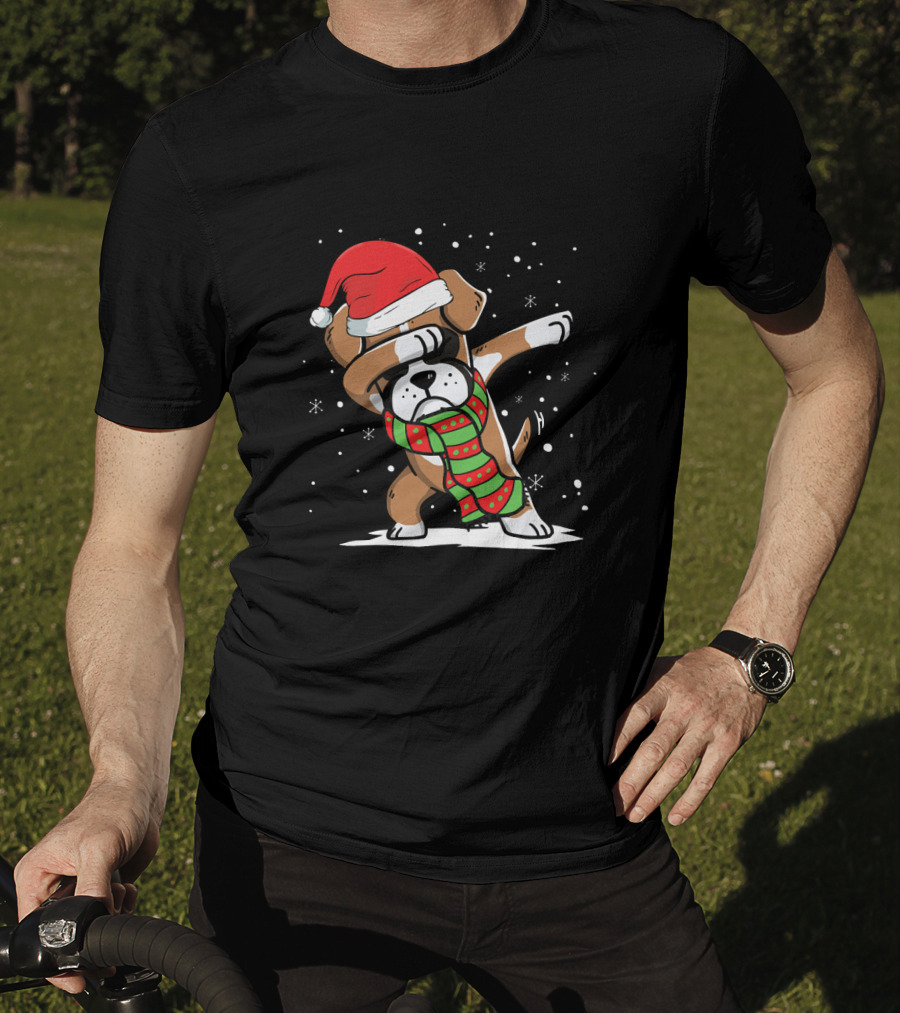 Santa Hat Dabbing Boxer With Christmas Scarf T-Shirt