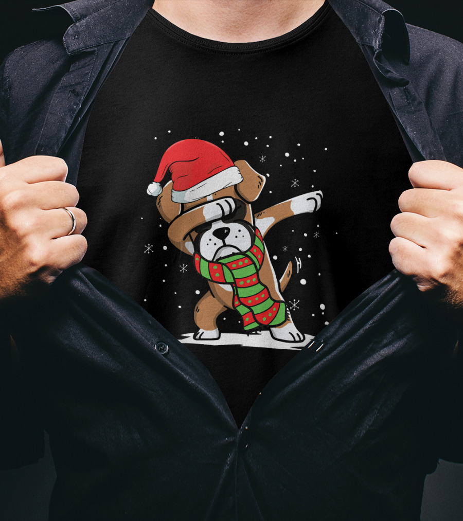 Santa Hat Dabbing Boxer With Christmas Scarf T-Shirt