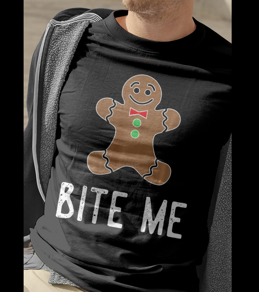 Bite Me Gingerbread Cookie Red Bow Tie Green Buttons T-Shirt