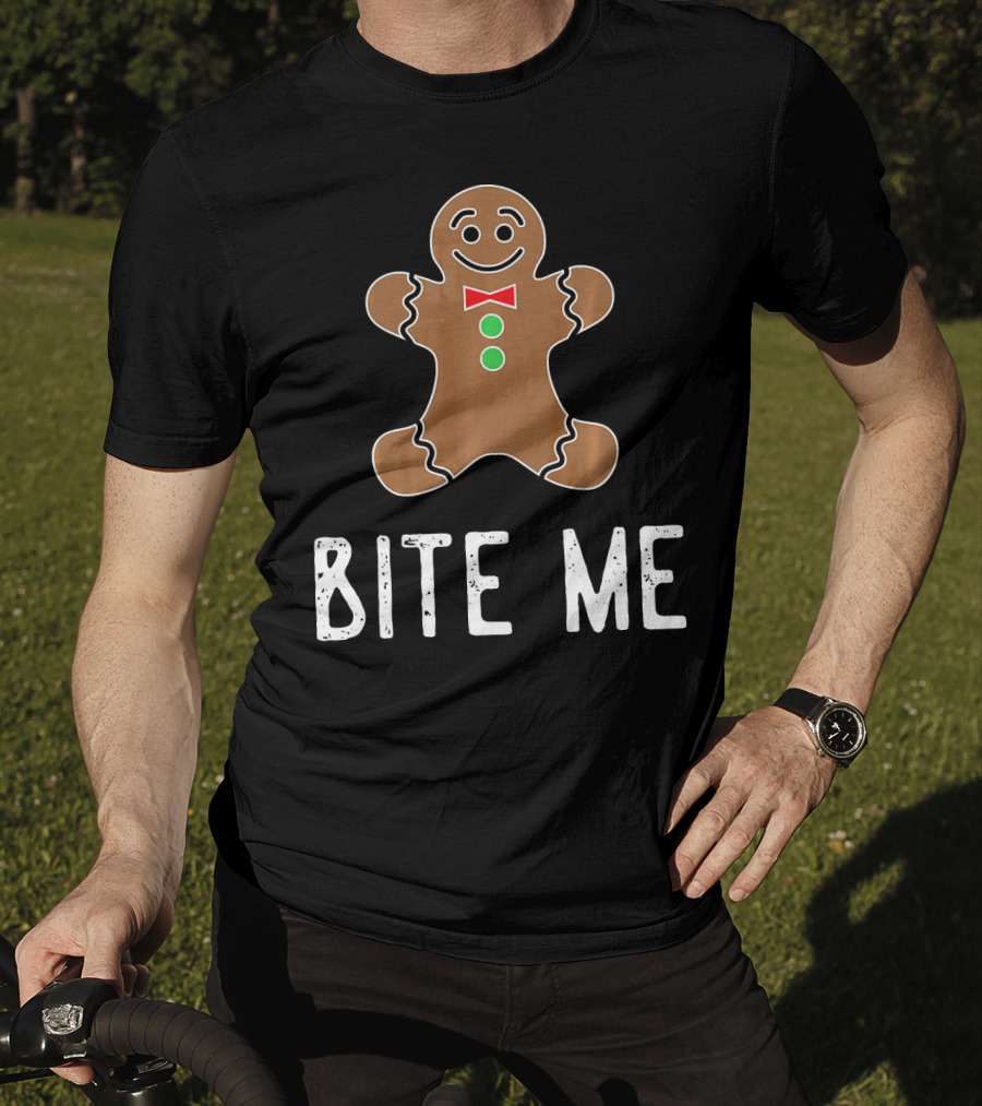 Bite Me Gingerbread Cookie Red Bow Tie Green Buttons T-Shirt