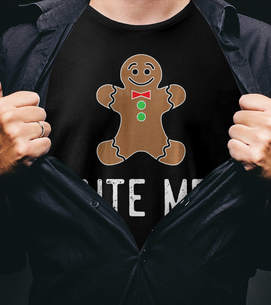 Bite Me Gingerbread Cookie Red Bow Tie Green Buttons T-Shirt