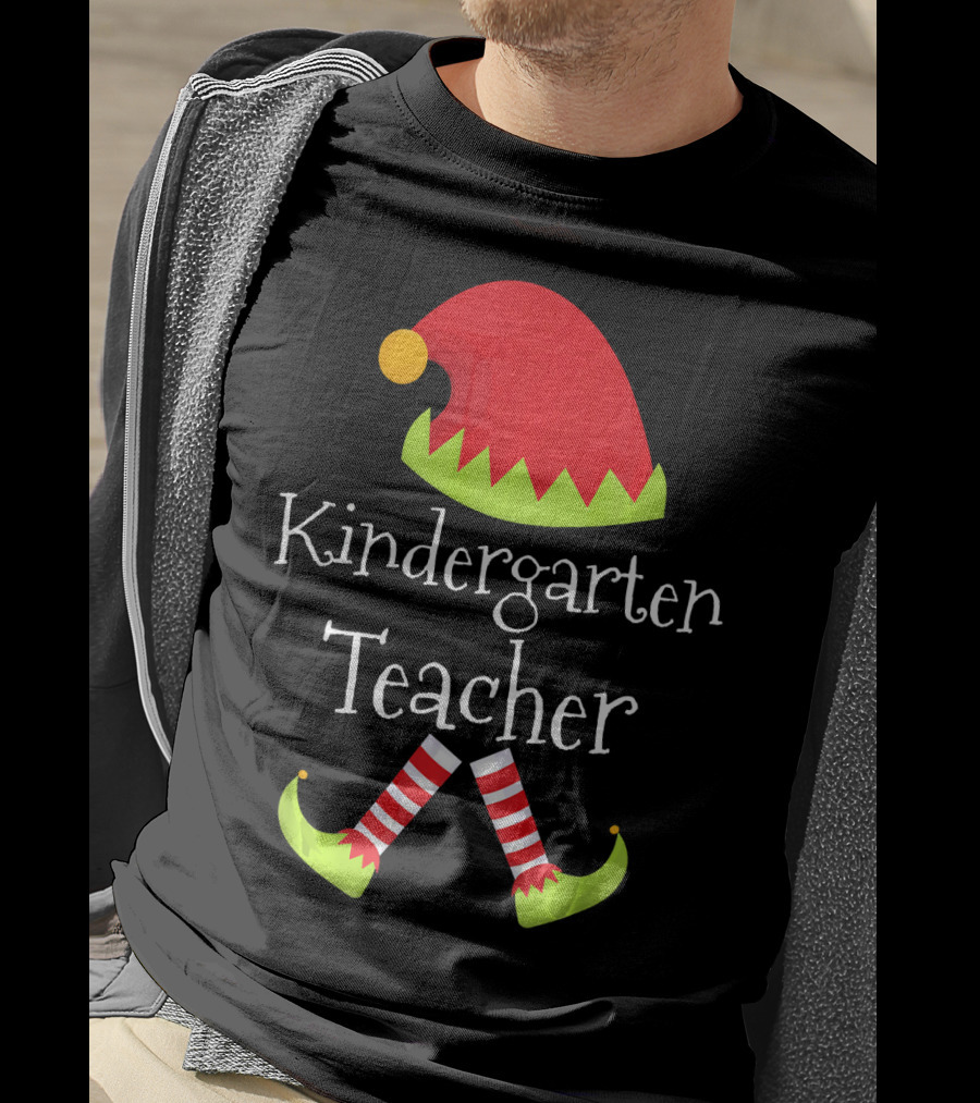 Kindergarten Teacher Christmas Elf Hat And Shoes Matching T-Shirt