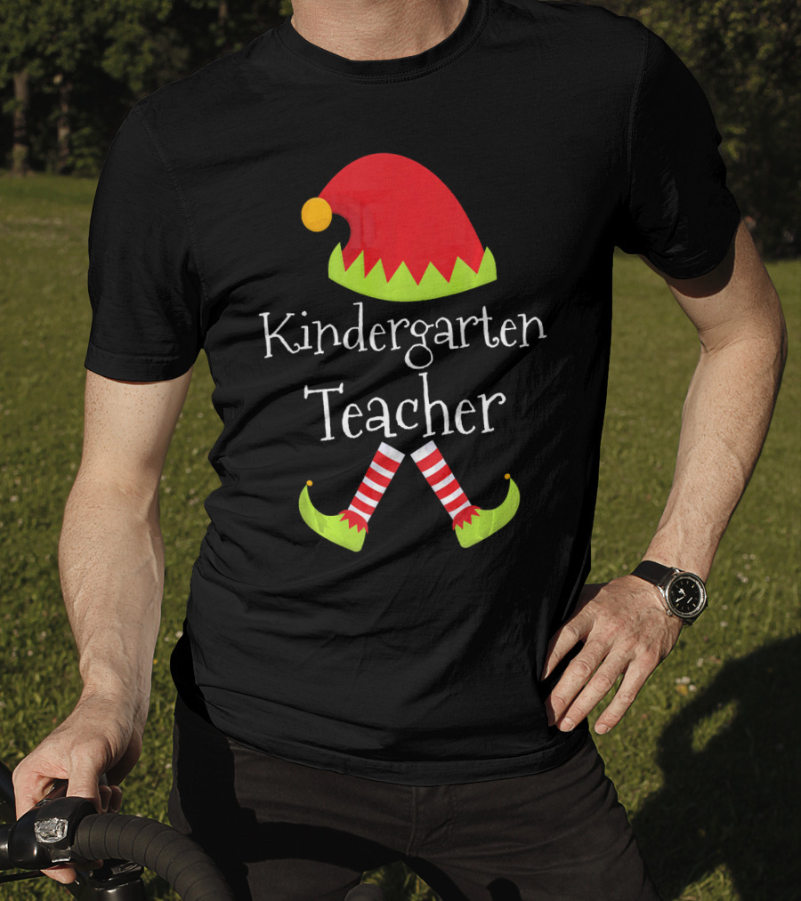 Kindergarten Teacher Christmas Elf Hat And Shoes Matching T-Shirt
