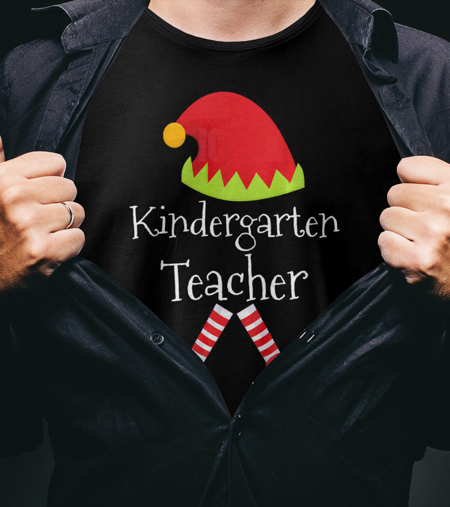 Kindergarten Teacher Christmas Elf Hat And Shoes Matching T-Shirt
