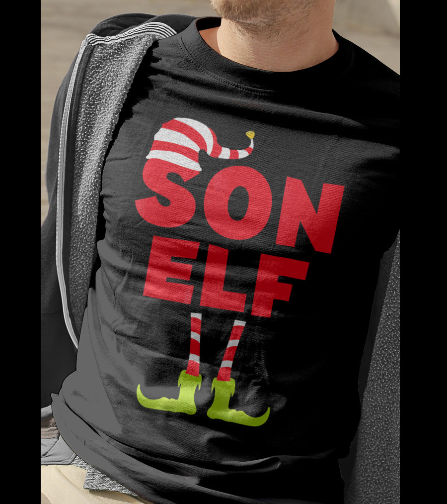 Son Elf Matching Christmas Costume Striped Hat And Socks T-Shirt