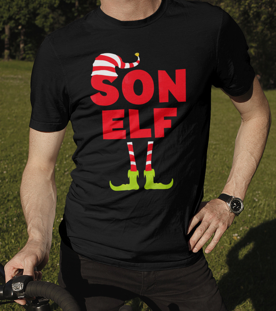 Son Elf Matching Christmas Costume Striped Hat And Socks T-Shirt