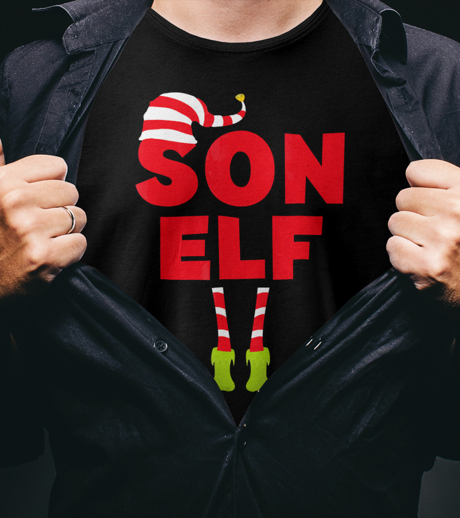 Son Elf Matching Christmas Costume Striped Hat And Socks T-Shirt