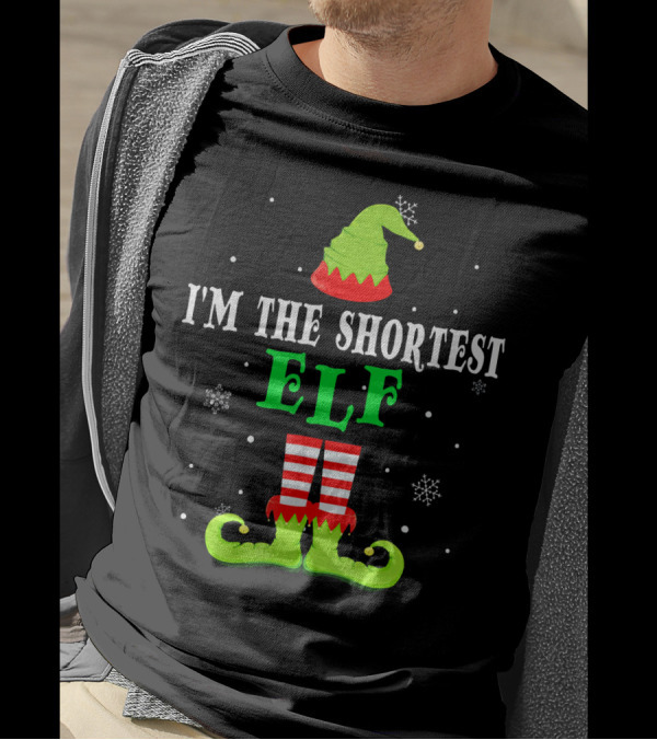 I'm The Shortest Elf Festive Holiday Design Snowflakes Green Hat Red Striped Legs T-Shirt