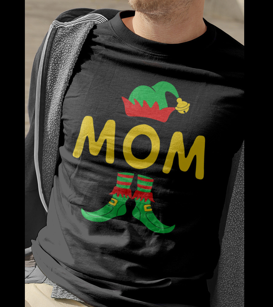 Mom Elf Funny Christmas Family Mat Festive Green And Red T-Shirt