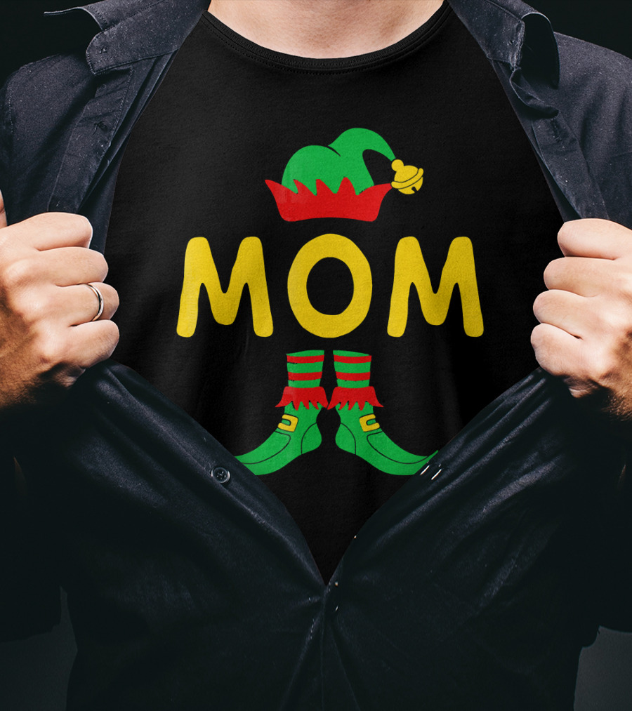 Mom Elf Funny Christmas Family Mat Festive Green And Red T-Shirt