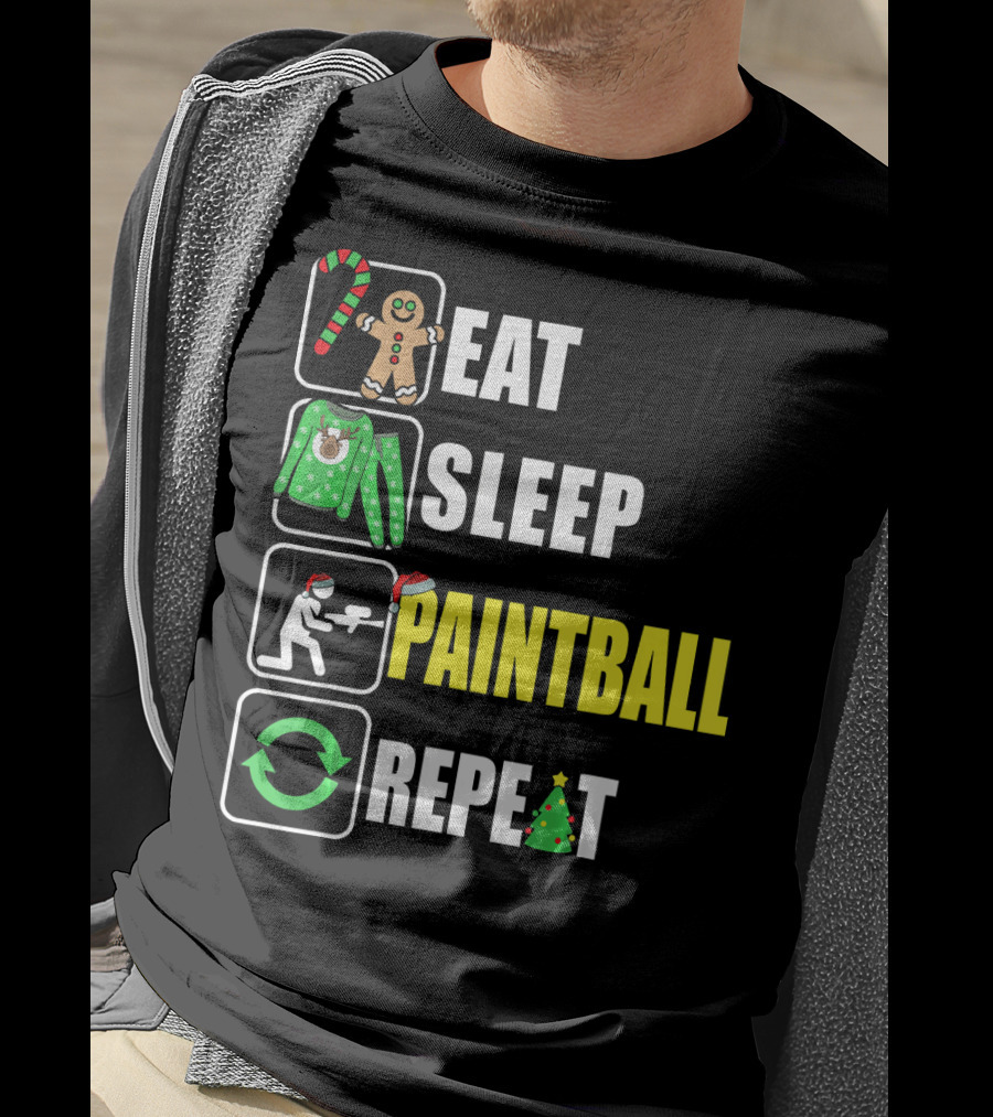 Eat Sleep Paintball Repeat Christmas Candy Cane Gingerbread Ugly Sweater Santa Hat Tree T-Shirt