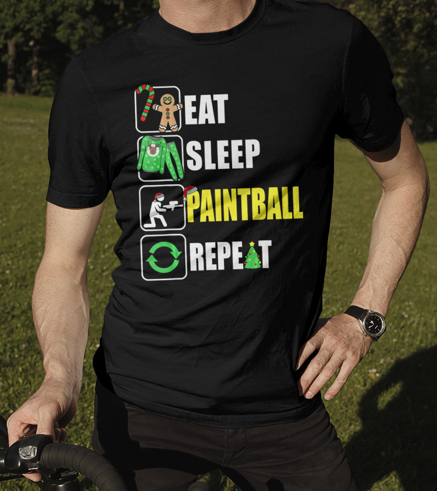 Eat Sleep Paintball Repeat Christmas Candy Cane Gingerbread Ugly Sweater Santa Hat Tree T-Shirt