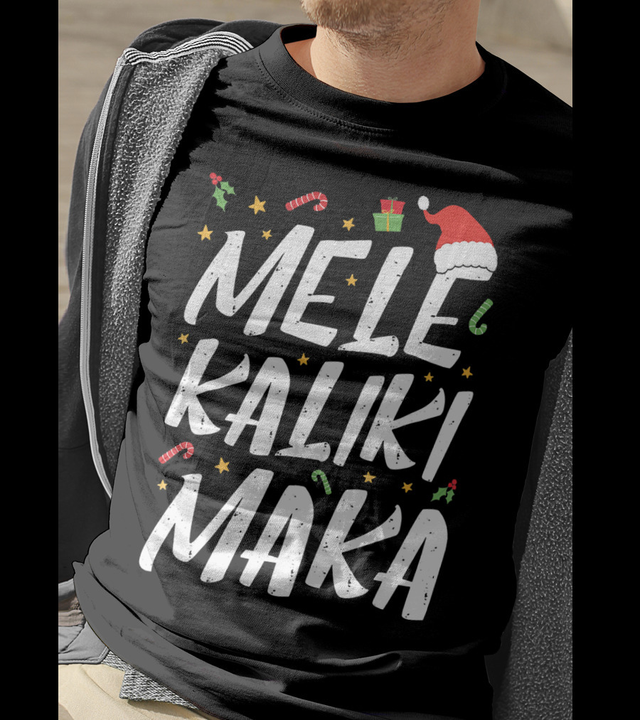 Mele Kalikimaka Christmas Hawaii Santa Hat Candy Canes Holly Presents T-Shirt