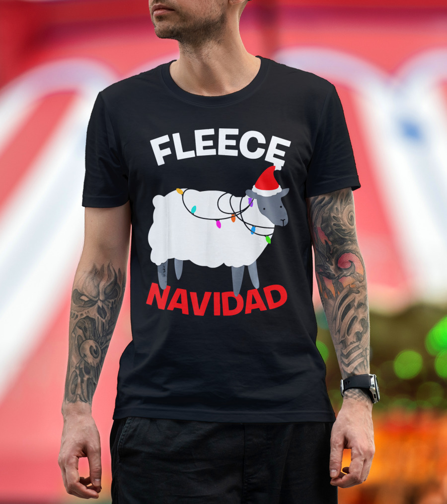 Fleece Navidad Funny Christmas Sheep Santa Hat Lights T-Shirt