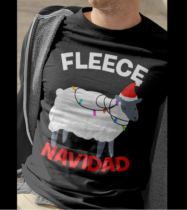 Fleece Navidad Funny Christmas Sheep Santa Hat Lights T-Shirt