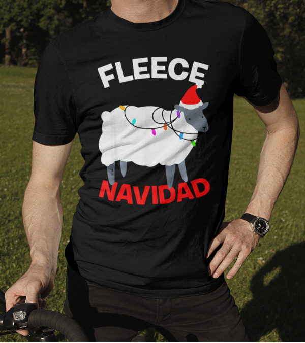 Fleece Navidad Funny Christmas Sheep Santa Hat Lights T-Shirt