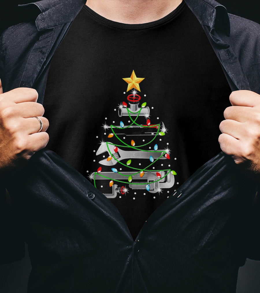 Plumber Christmas Tree Wrench Ornament With Lights And Star T-Shirt