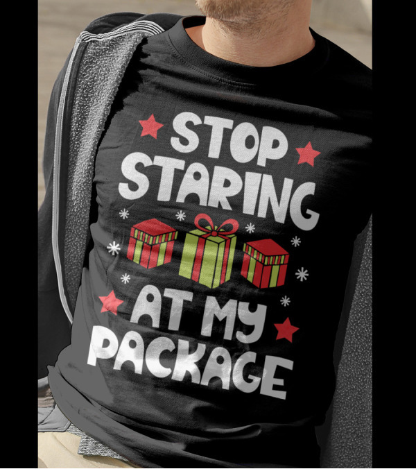 Stop Staring At My Package Christmas Gift Box Design With Stars And Snowflakes T-Shirt