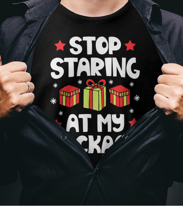 Stop Staring At My Package Christmas Gift Box Design With Stars And Snowflakes T-Shirt