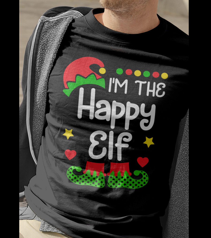 I'm The Happy Elf Christmas Hat Stars Hearts Dots T-Shirt