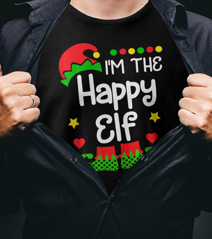 I'm The Happy Elf Christmas Hat Stars Hearts Dots T-Shirt