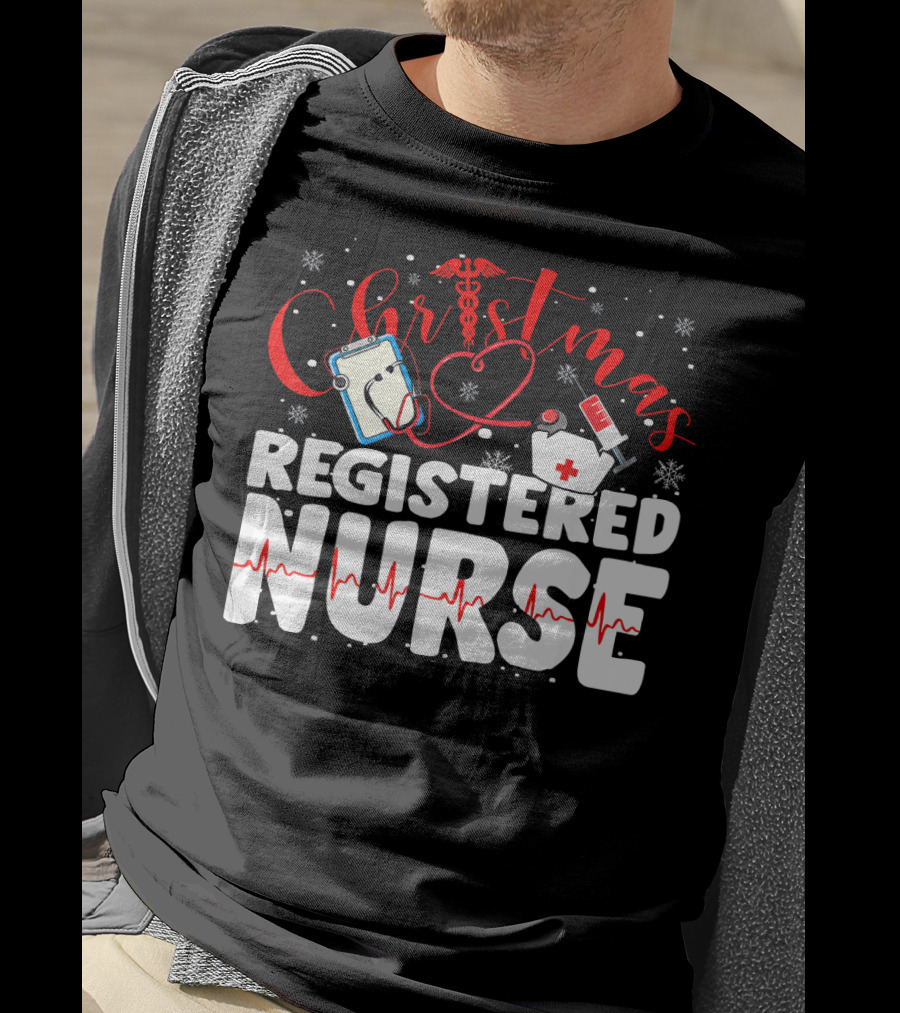 Christmas Registered Nurse With Medical Icons And Heartbeat T-Shirt