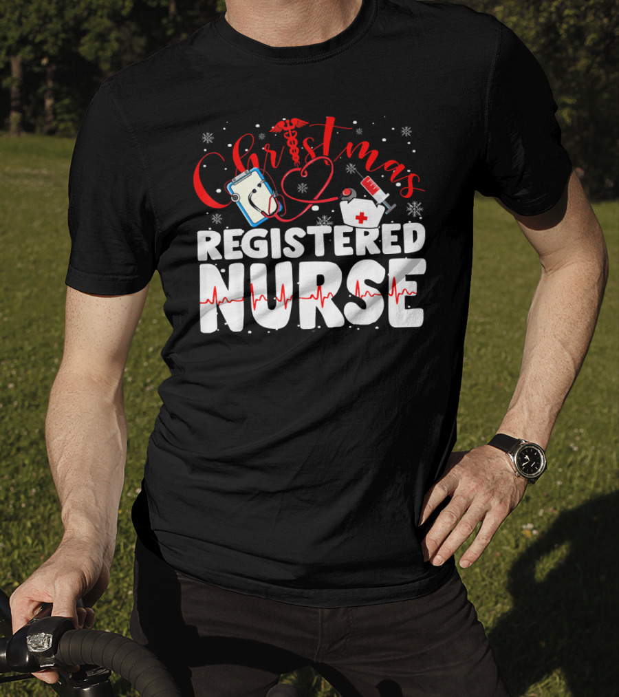 Christmas Registered Nurse With Medical Icons And Heartbeat T-Shirt