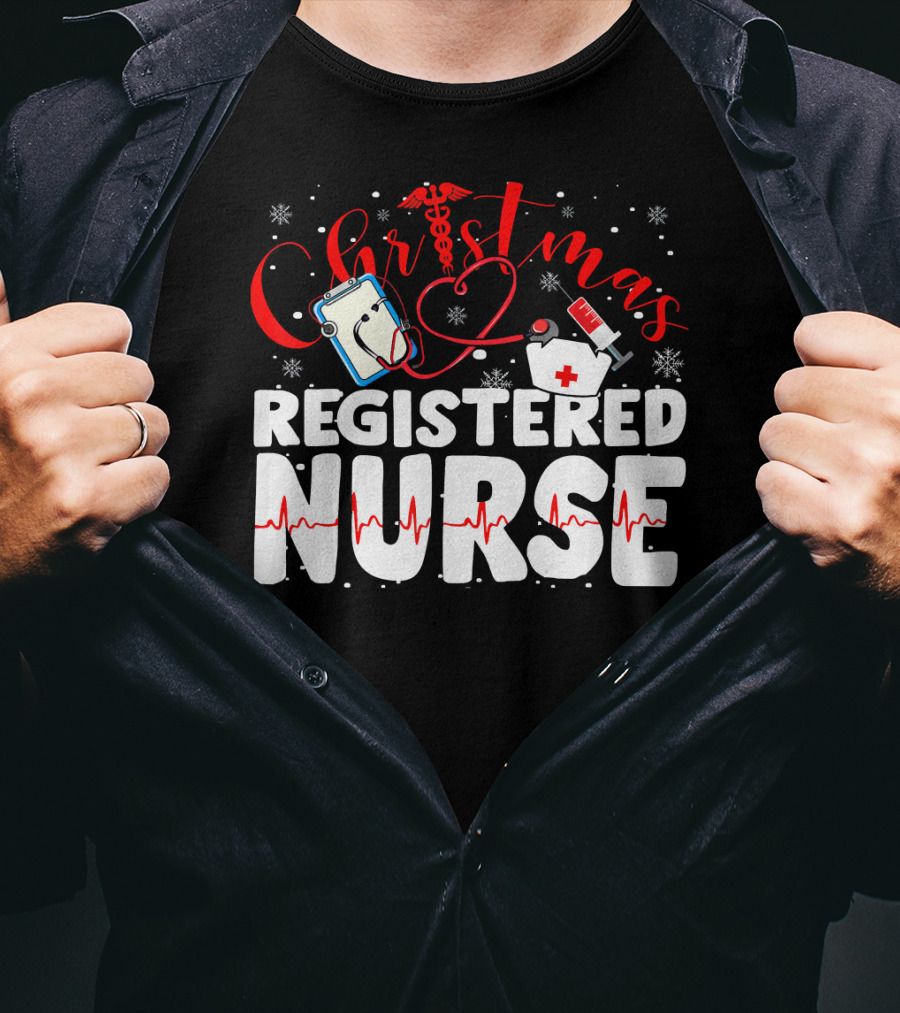 Christmas Registered Nurse With Medical Icons And Heartbeat T-Shirt