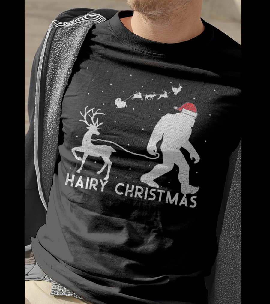 Hairy Christmas Bigfoot Santa Reindeer Snow Scene T-Shirt