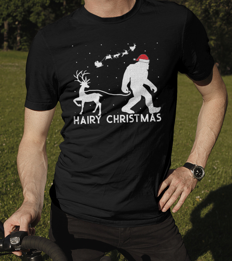 Hairy Christmas Bigfoot Santa Reindeer Snow Scene T-Shirt