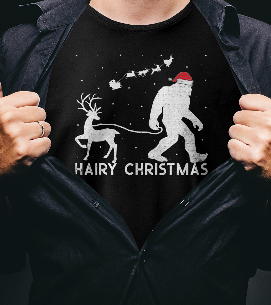 Hairy Christmas Bigfoot Santa Reindeer Snow Scene T-Shirt