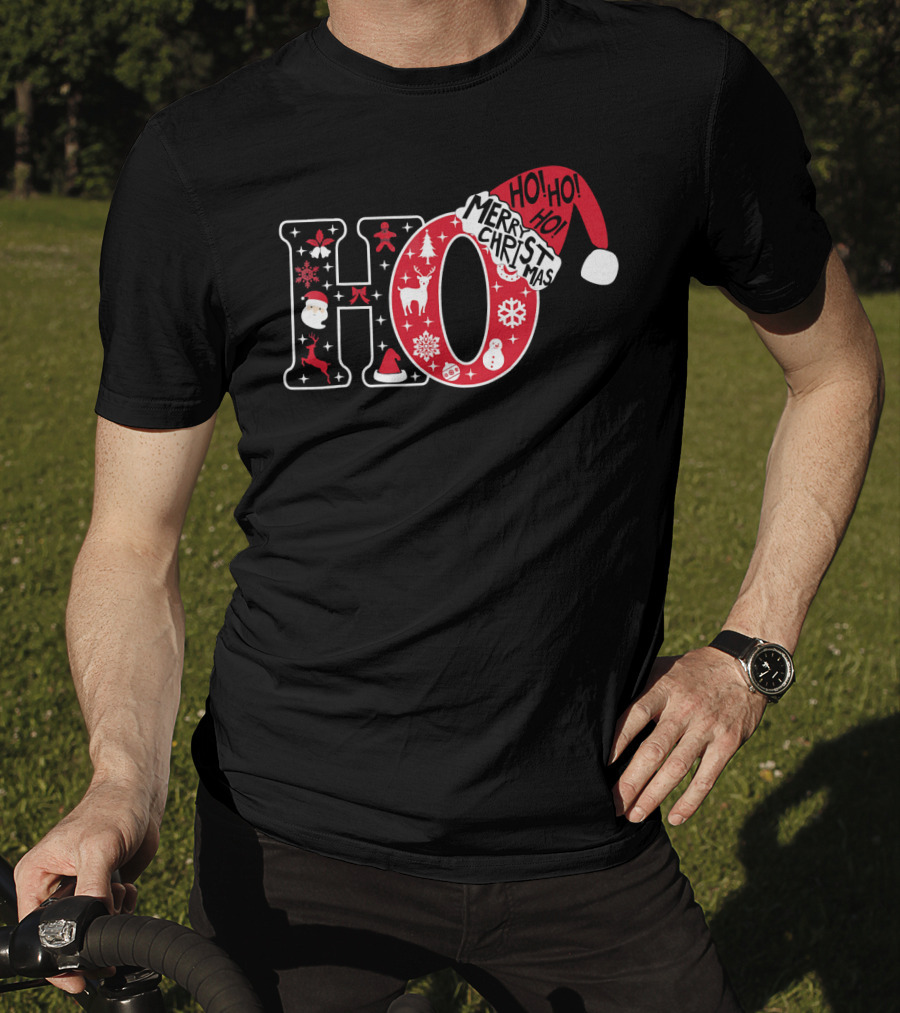 HO HO HO Merry Christmas Santa Hat Snowflakes T-Shirt