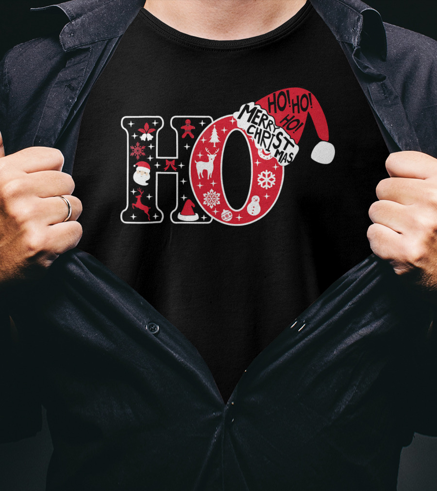 HO HO HO Merry Christmas Santa Hat Snowflakes T-Shirt
