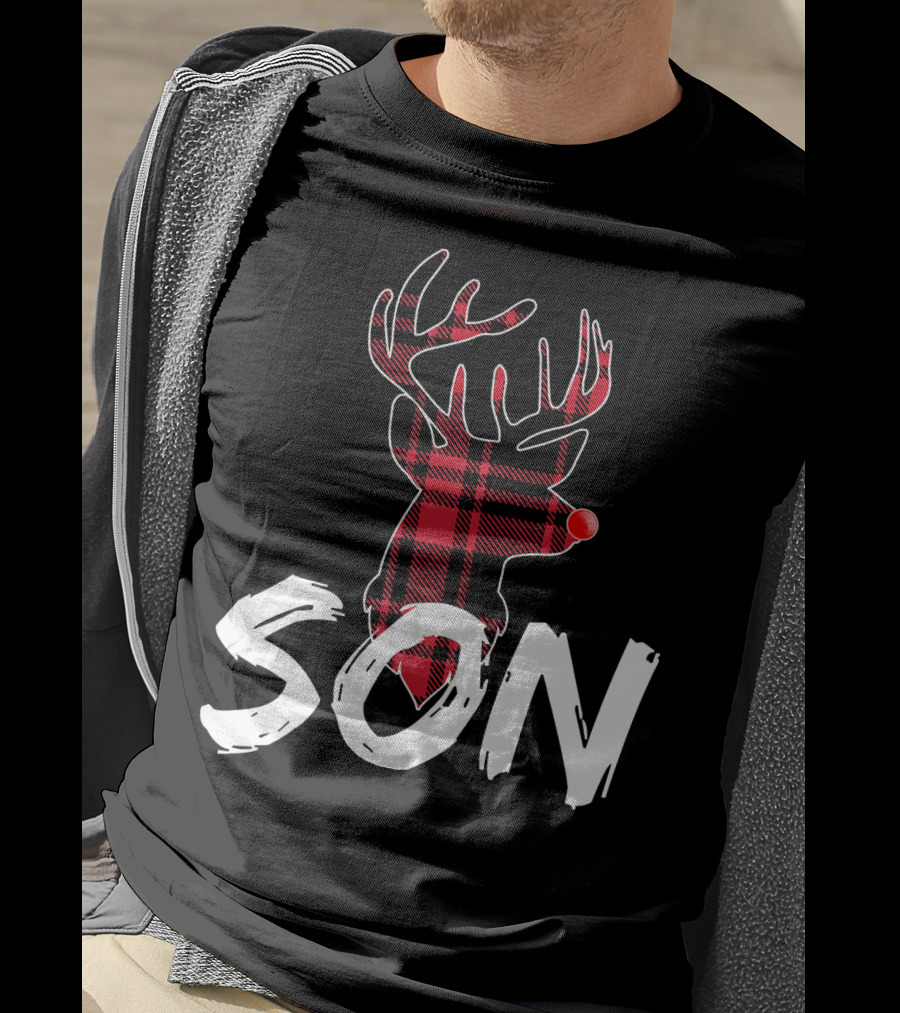 Son Family Matching Christmas Red Plaid Reindeer T-Shirt