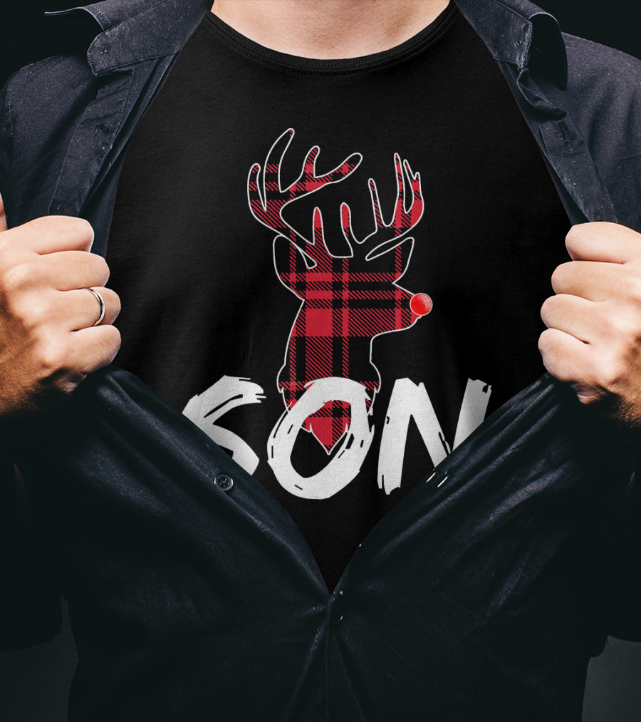 Son Family Matching Christmas Red Plaid Reindeer T-Shirt