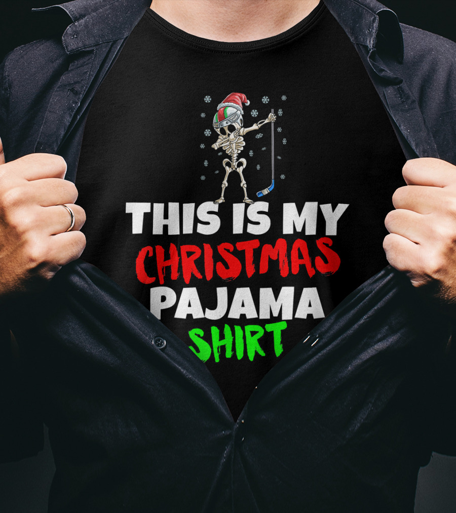 This Is My Christmas Pajama Shirt Skeleton With Santa Hat And Hockey Stick T-Shirt