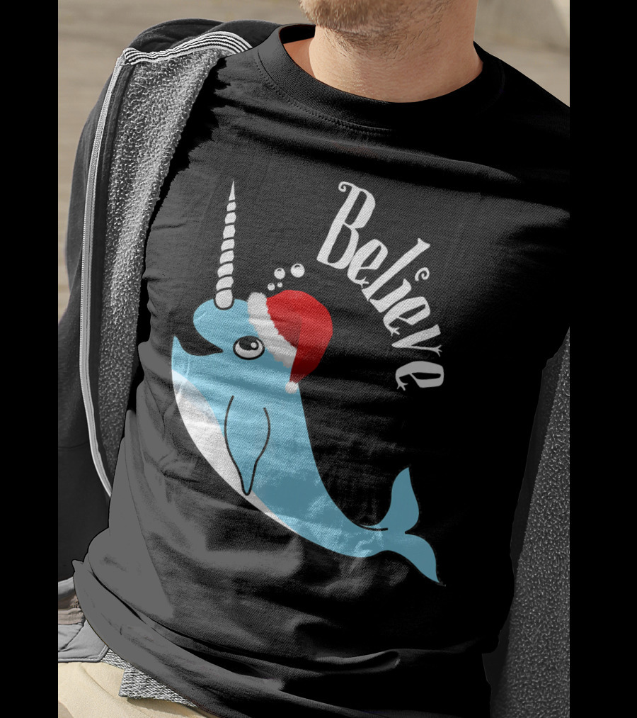 Believe Narwhal Christmas Cute Unicorn Santa Hat T-Shirt