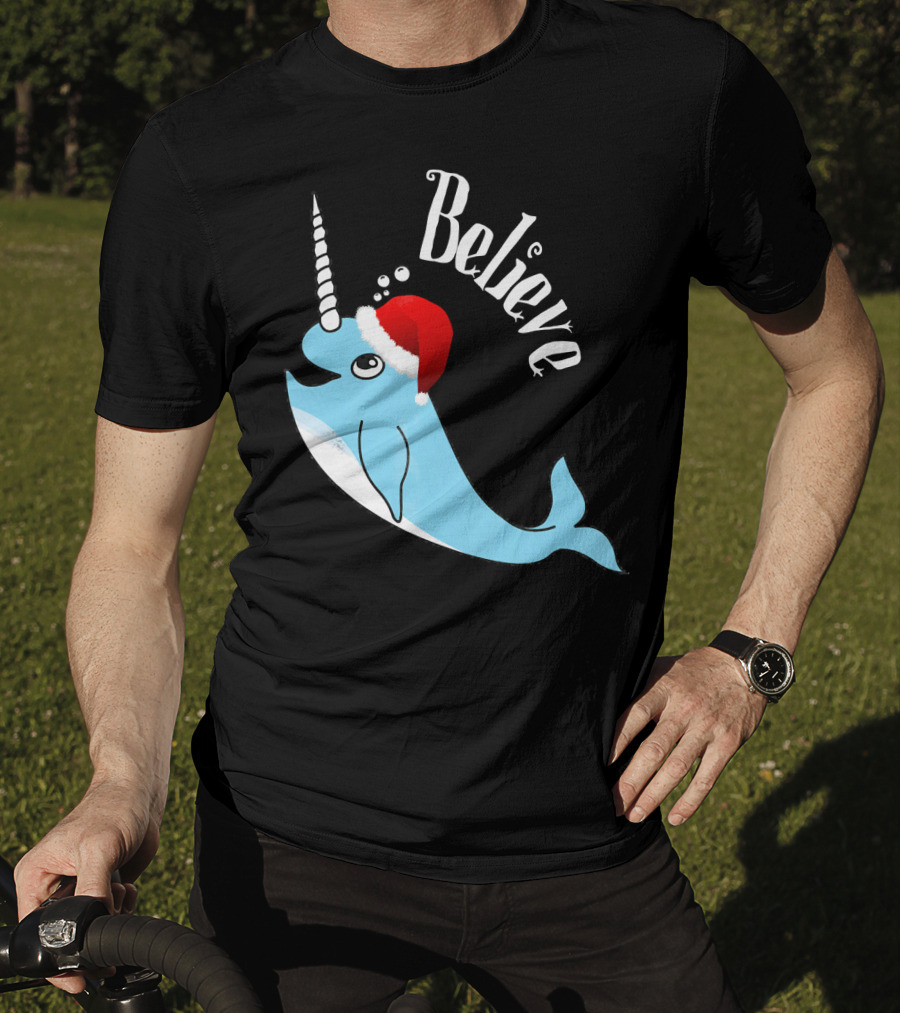 Believe Narwhal Christmas Cute Unicorn Santa Hat T-Shirt