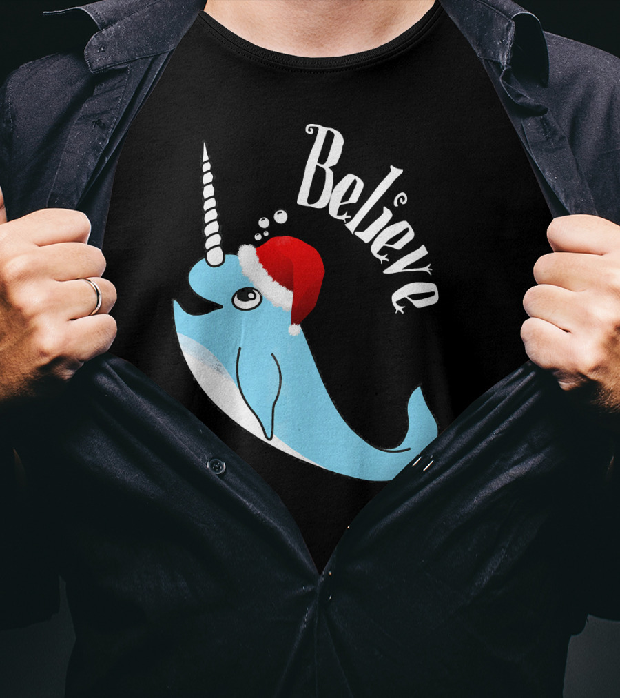 Believe Narwhal Christmas Cute Unicorn Santa Hat T-Shirt