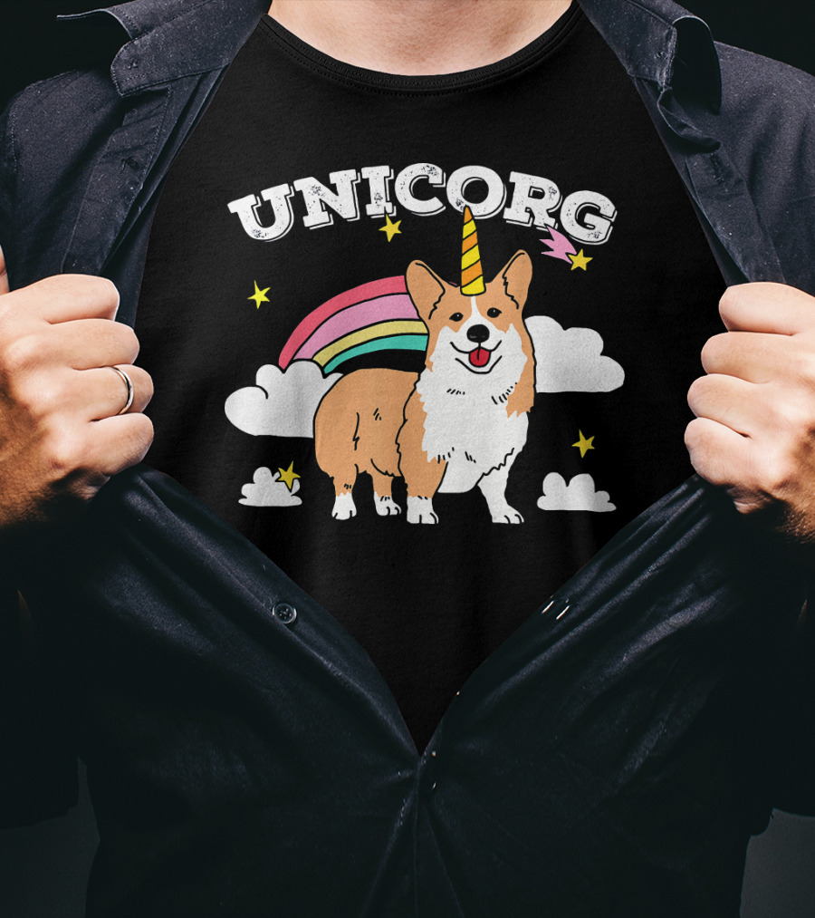 Unicorg Rainbow Unicorn Corgi With Stars And Clouds Birthday T-Shirt