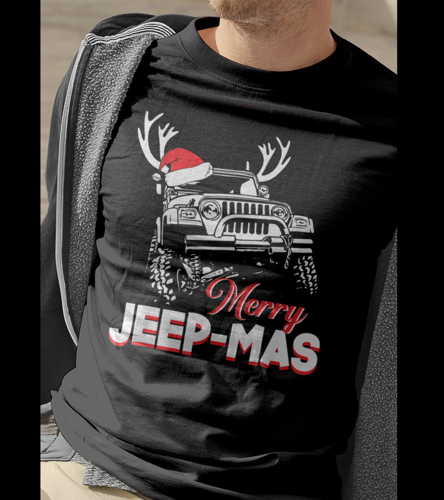 Merry Jeep-Mas Funny Jeep With Santa Hat And Reindeer Antlers T-Shirt