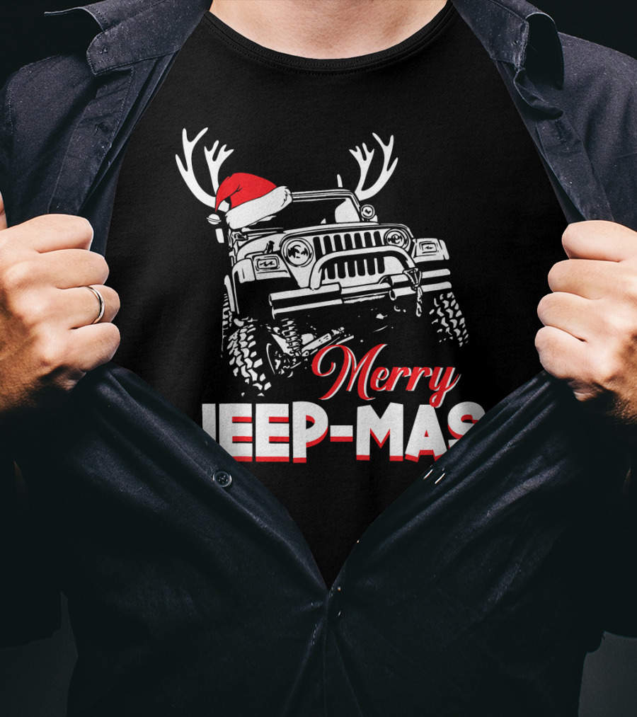 Merry Jeep-Mas Funny Jeep With Santa Hat And Reindeer Antlers T-Shirt