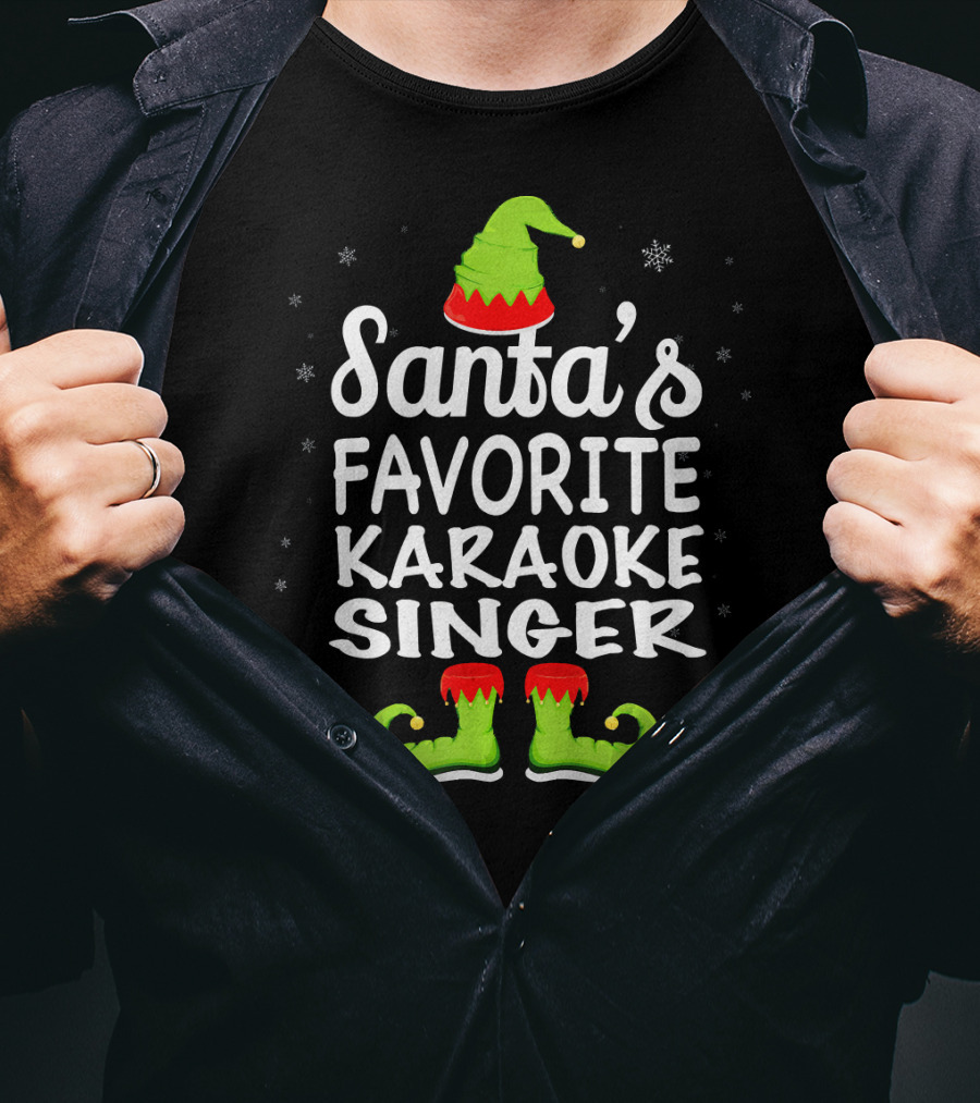 Santa's Favorite Karaoke Singer Funny Christmas Elf Hat And Boots T-Shirt