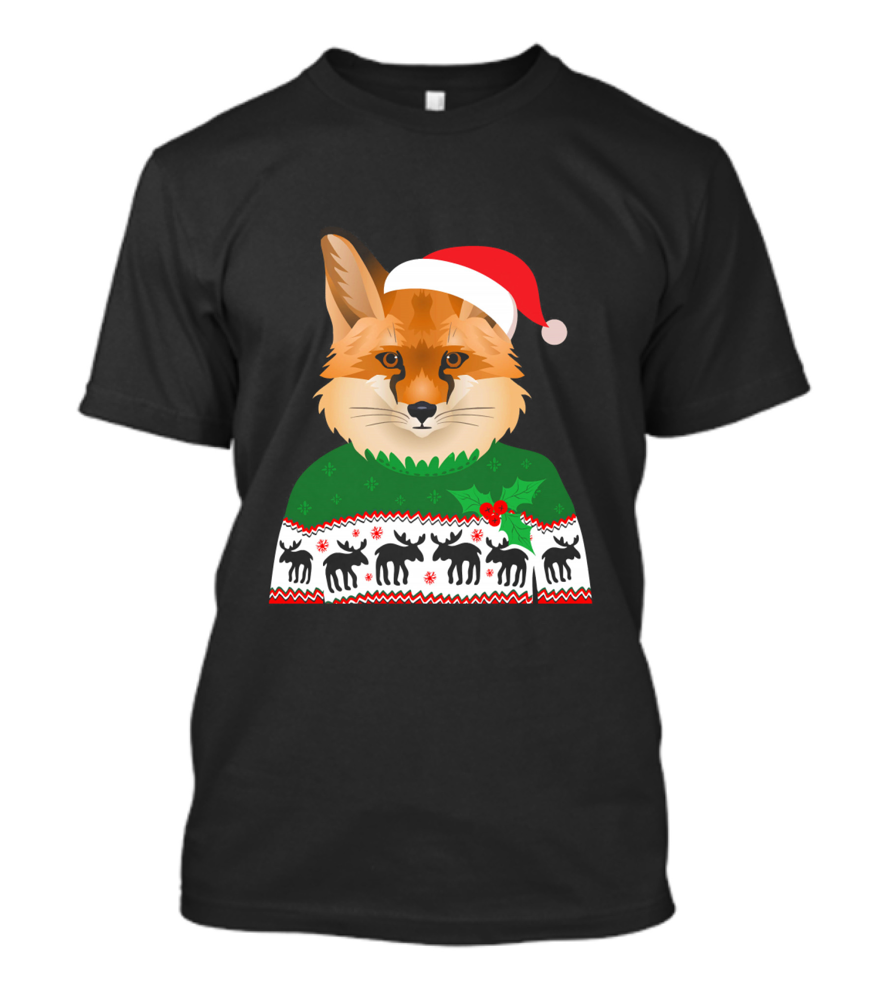 Long Sleeve Fox Ugly Christmas Sweater Santa Hat T-Shirt