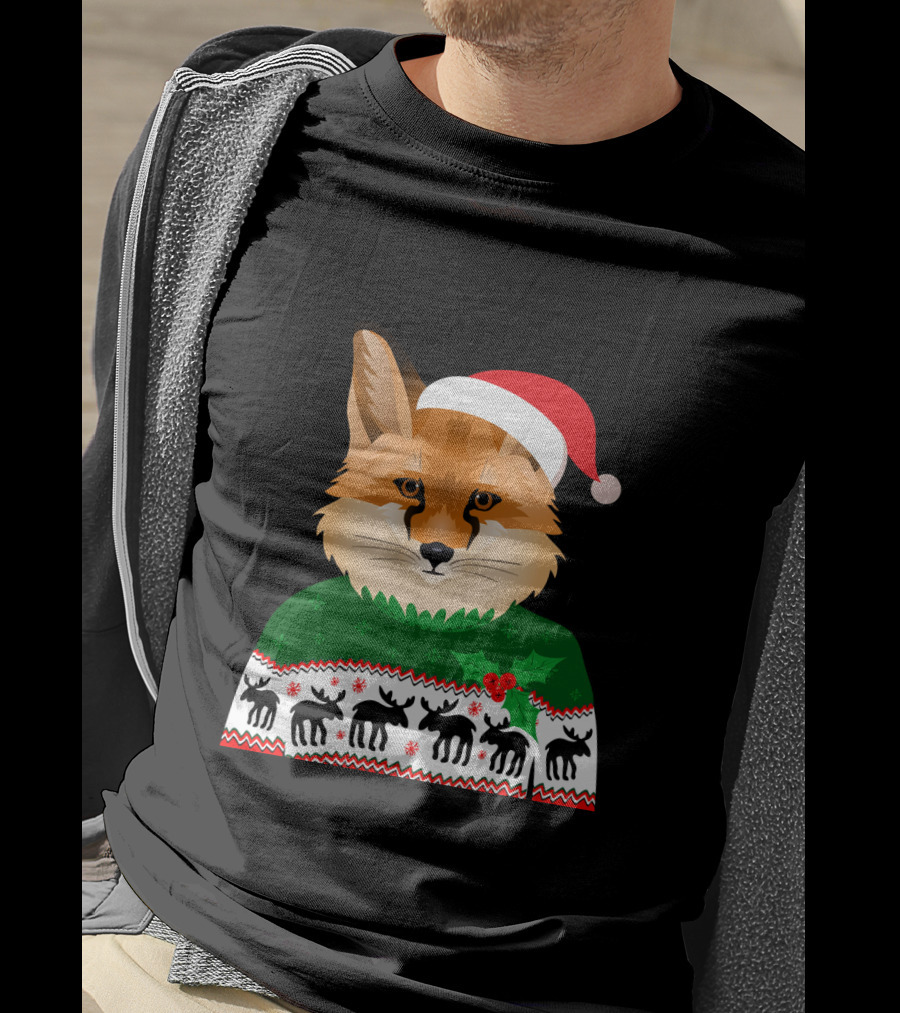 Long Sleeve Fox Ugly Christmas Sweater Santa Hat T-Shirt