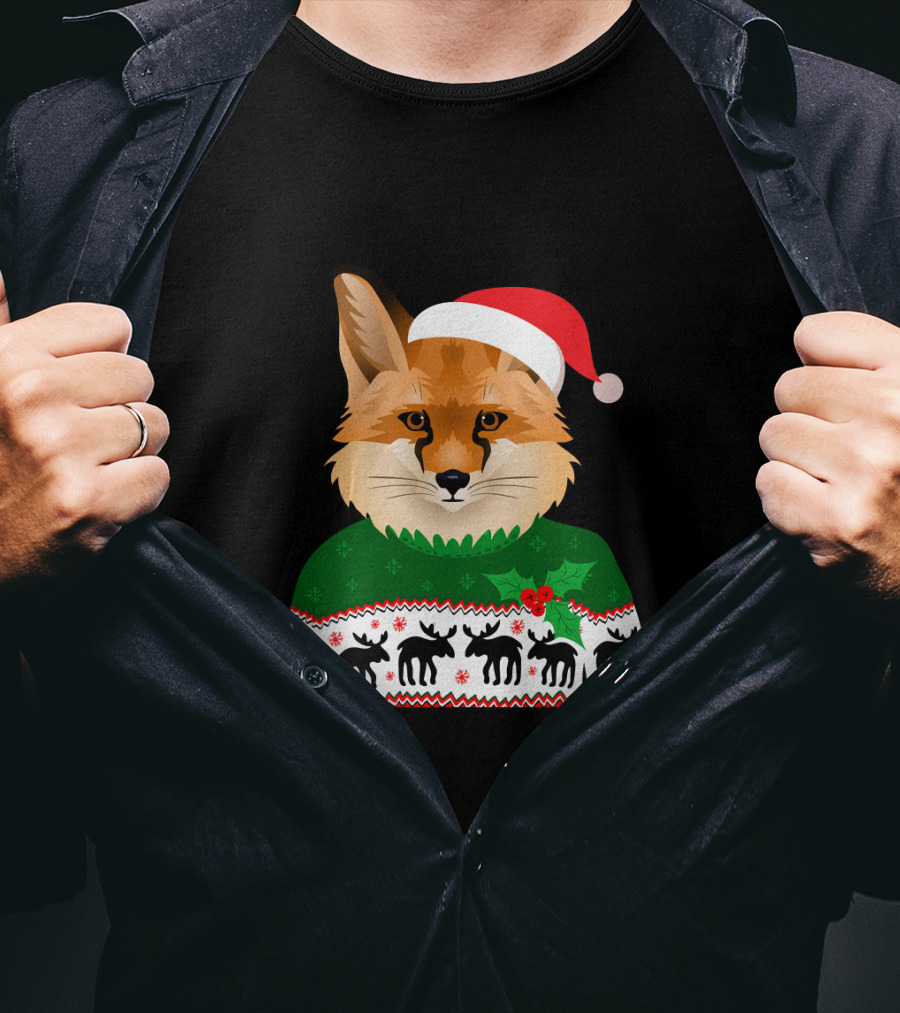 Long Sleeve Fox Ugly Christmas Sweater Santa Hat T-Shirt