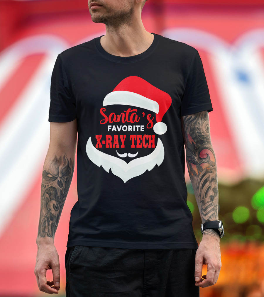Santa's Favorite X-Ray Tech Christmas Santa Hat and Beard T-Shirt