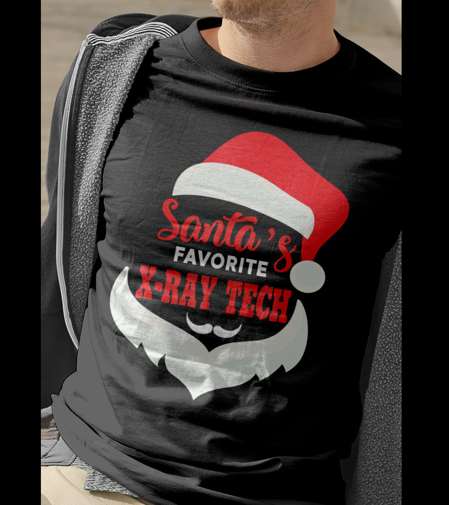 Santa's Favorite X-Ray Tech Christmas Santa Hat And Beard T-Shirt