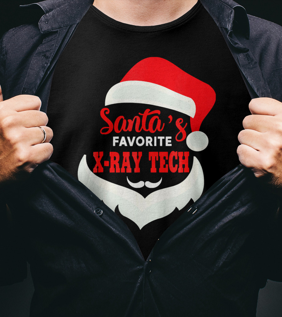 Santa's Favorite X-Ray Tech Christmas Santa Hat And Beard T-Shirt