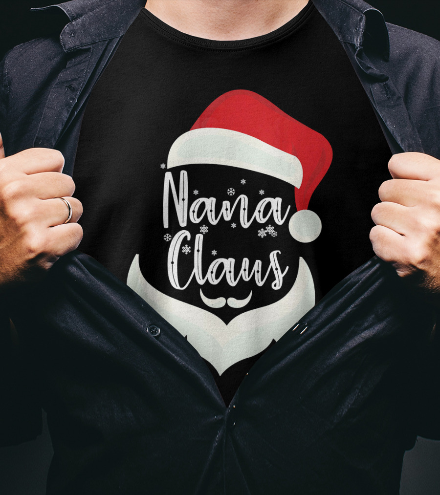 Nana Claus Santa Hat Beard Snowflakes T-Shirt